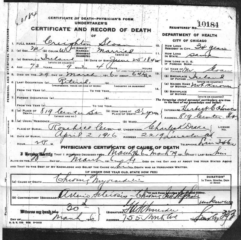 Death Certificate of Creighton Sloan